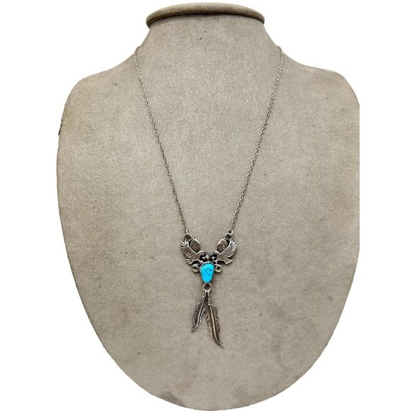 Native American Running Bear Necklace Turquoise & Sterling Silver Eagle Feathers - Picture 1 of 10